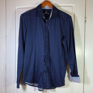 Buttercloth Mens Navy White Geometric Print Button Down Shirt Regular Fit Size M